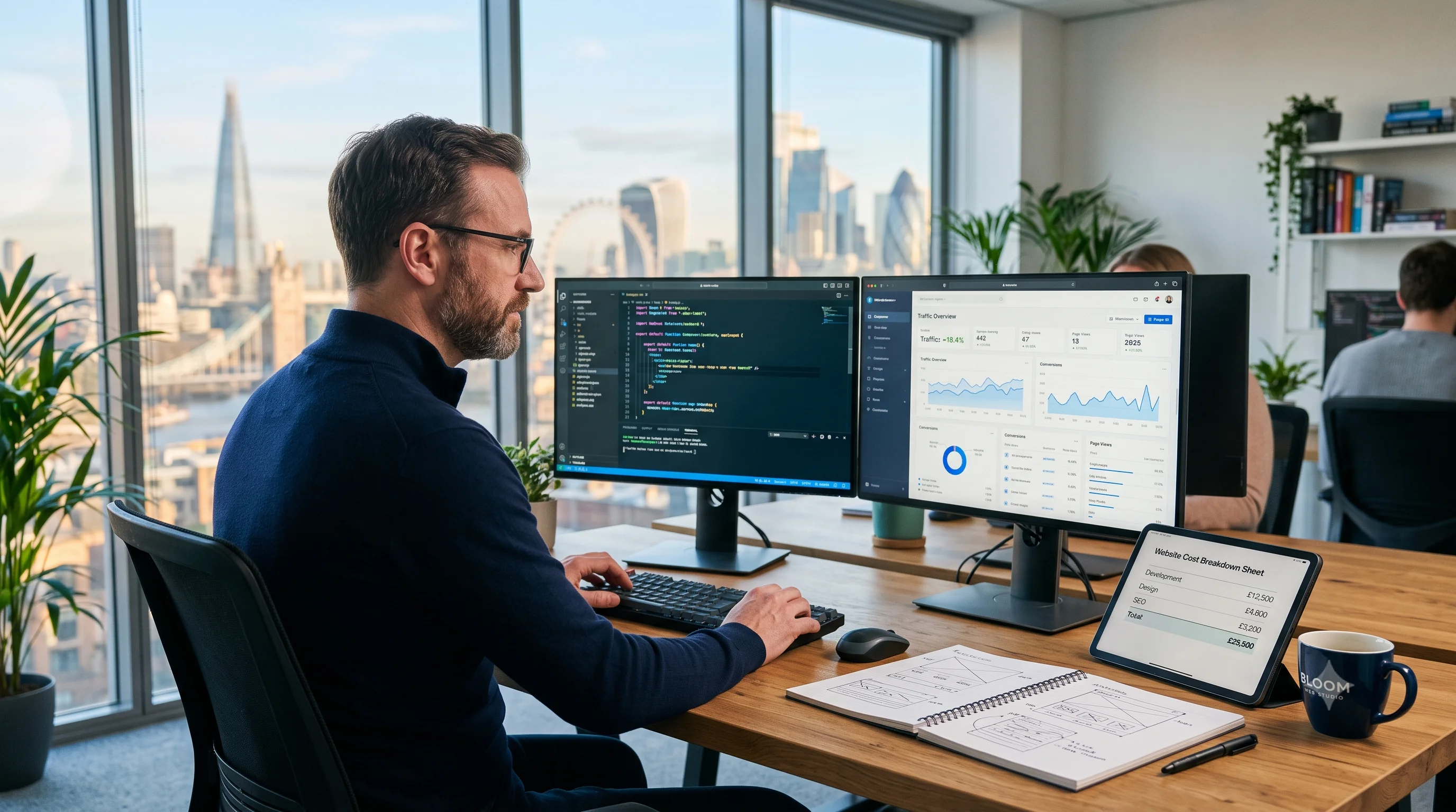 Senior London web developer reviewing custom code and analytics dashboards in a modern tech office overlooking the London skyline, depicting transparent web development cost evaluation.