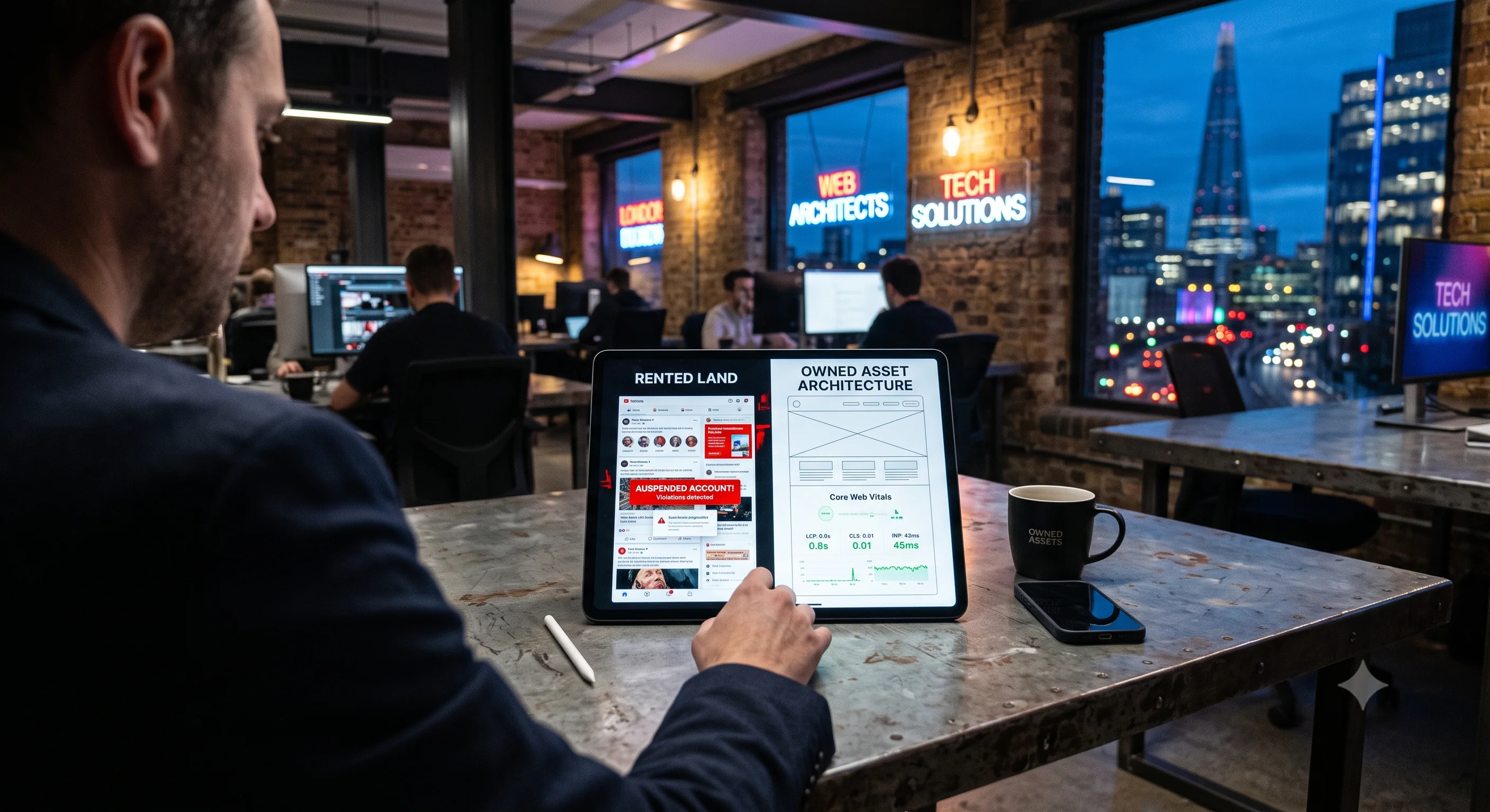 A glowing digital tablet on a raw steel desk comparing a suspended social media page to a custom-engineered, high-performance website wireframe, representing the difference between rented and owned digital real estate.