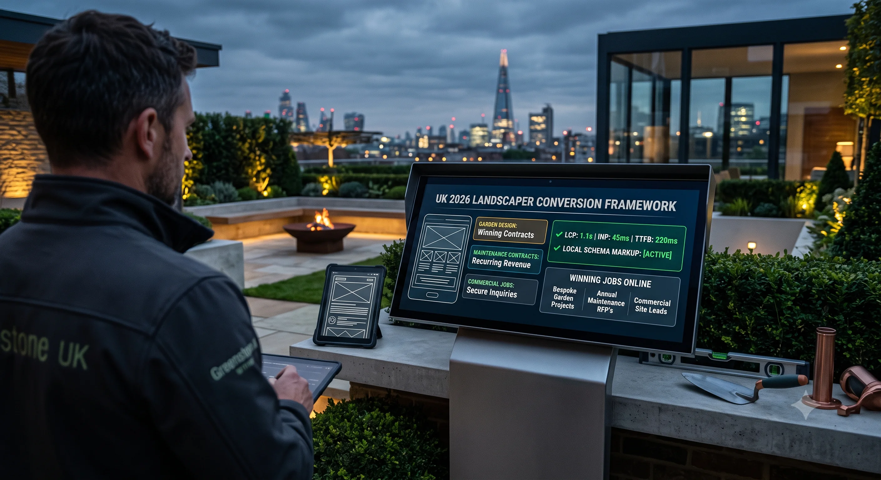 A professional landscaper stands in a stunning modern UK garden at twilight, looking proudly at a large integrated outdoor display screen that glows with a successful landscaping website design. The screen details passing Core Web Vitals metrics and successful lead generation strategies for different landscaping jobs. A blurred London skyline forms the background.