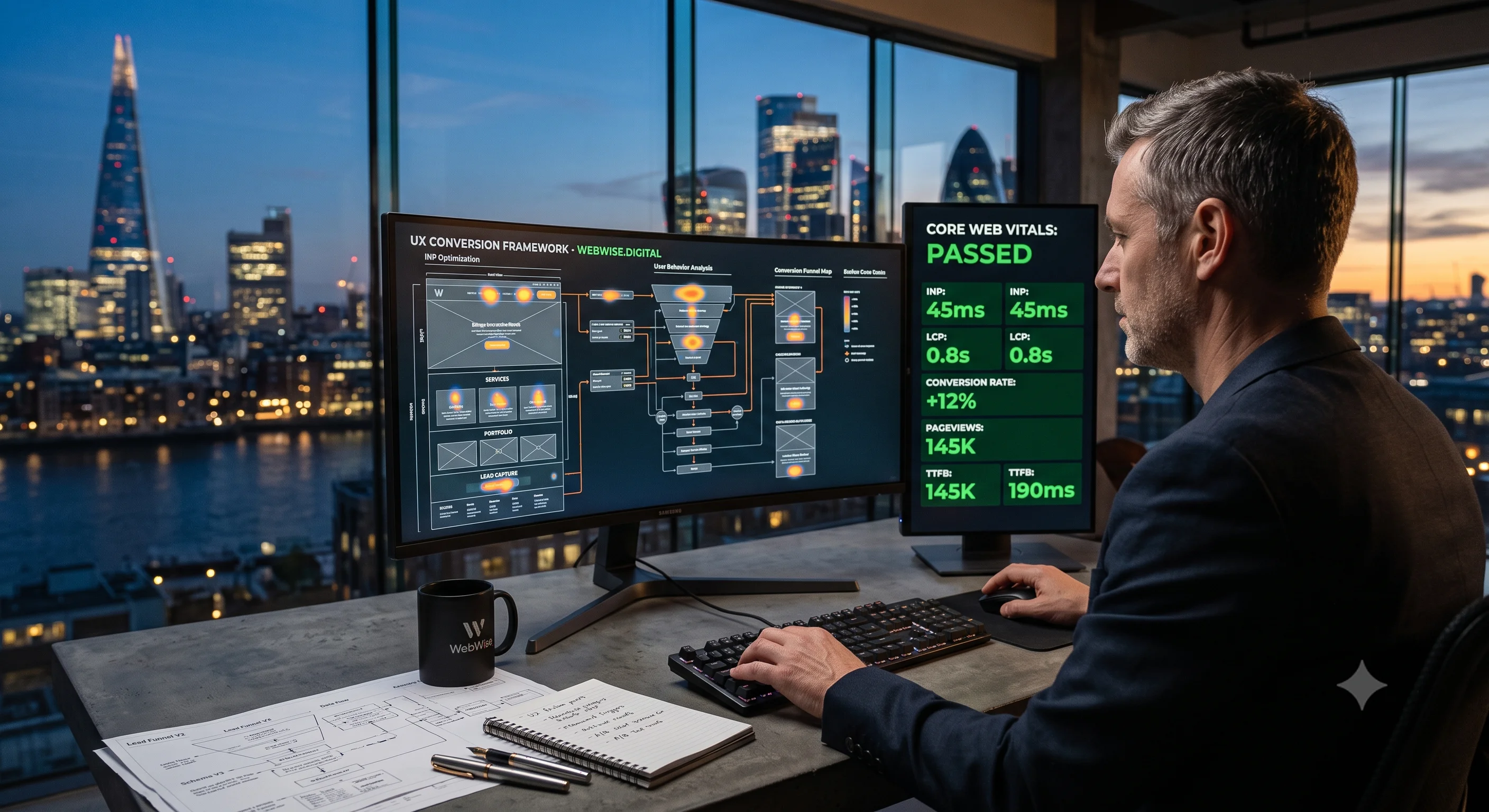 An over-the-shoulder perspective of a senior design director analyzing a UX conversion framework and passing Core Web Vitals metrics on a glowing curved dual-monitor setup in a modern tech studio, with a blurred metropolitan skyline visible through floor-to-ceiling windows at sunset.