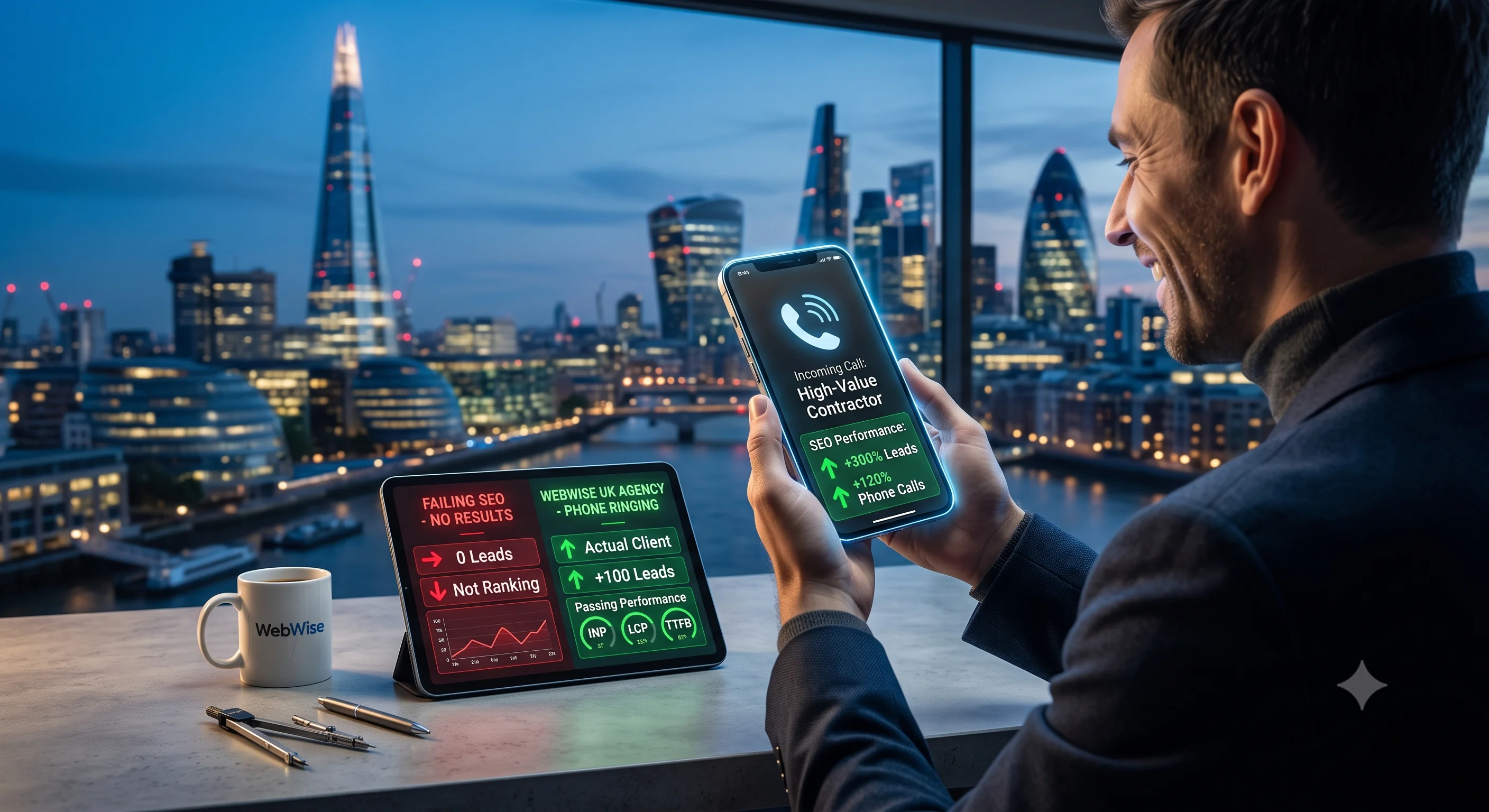 A cinematic photograph from a London studio comparing a failing SEO agency to a successful UK agency (WebWise), displaying an incoming high-value call and positive green metrics on a smartphone and tablet.