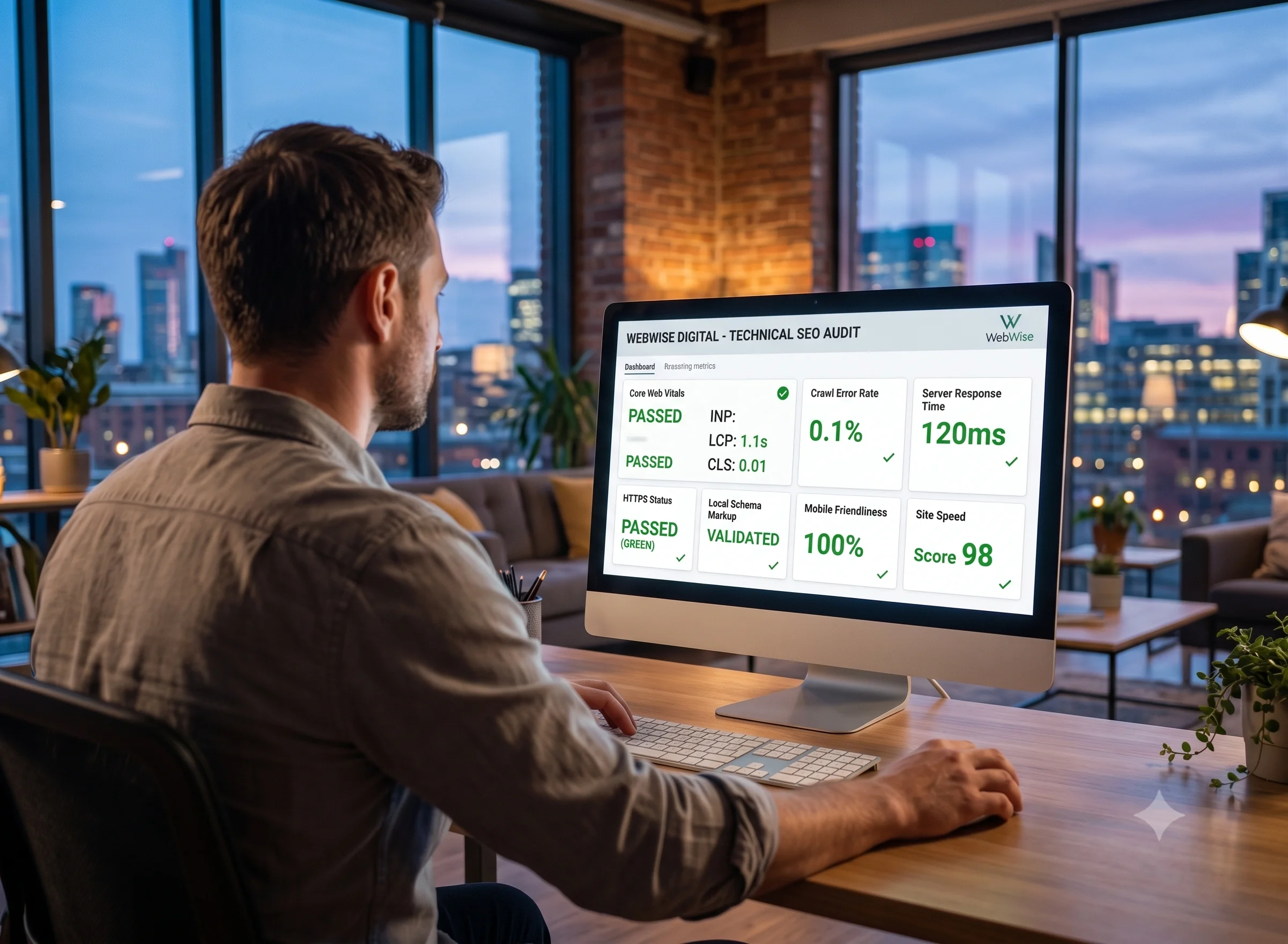 An over-the-shoulder, high-resolution, hyper-realistic, cinematic photograph of a mid-30s digital professional analyzing a clean, advanced technical SEO audit dashboard on a large desktop monitor in a modern office at twilight. The monitor, labeled 'WEBWISE DIGITAL - TECHNICAL SEO AUDIT', clearly displays 100% legible, passing metrics with green indicators, including 'Core Web Vitals: PASSED' (with specific INP, LCP, and CLS scores), 'Crawl Error Rate: 0.1%', 'Server Response Time: 120ms', 'HTTPS Status: PASSED', 'Local Schema Markup: VALIDATED', 'Mobile Friendliness: 100%', and 'Site Speed: Score 98'. These passed results convey confident compliance for premium UK trade service businesses. The professional is intently focused on the data in a modern office setting. Beyond the large windows, a sprawling UK cityscape (e.g., London, Manchester, etc.) is beautifully illuminated at twilight, with blue sky and golden city lights. The image features a shallow depth of field, natural film grain, and a wide dynamic range, focusing sharply on the monitor contents.