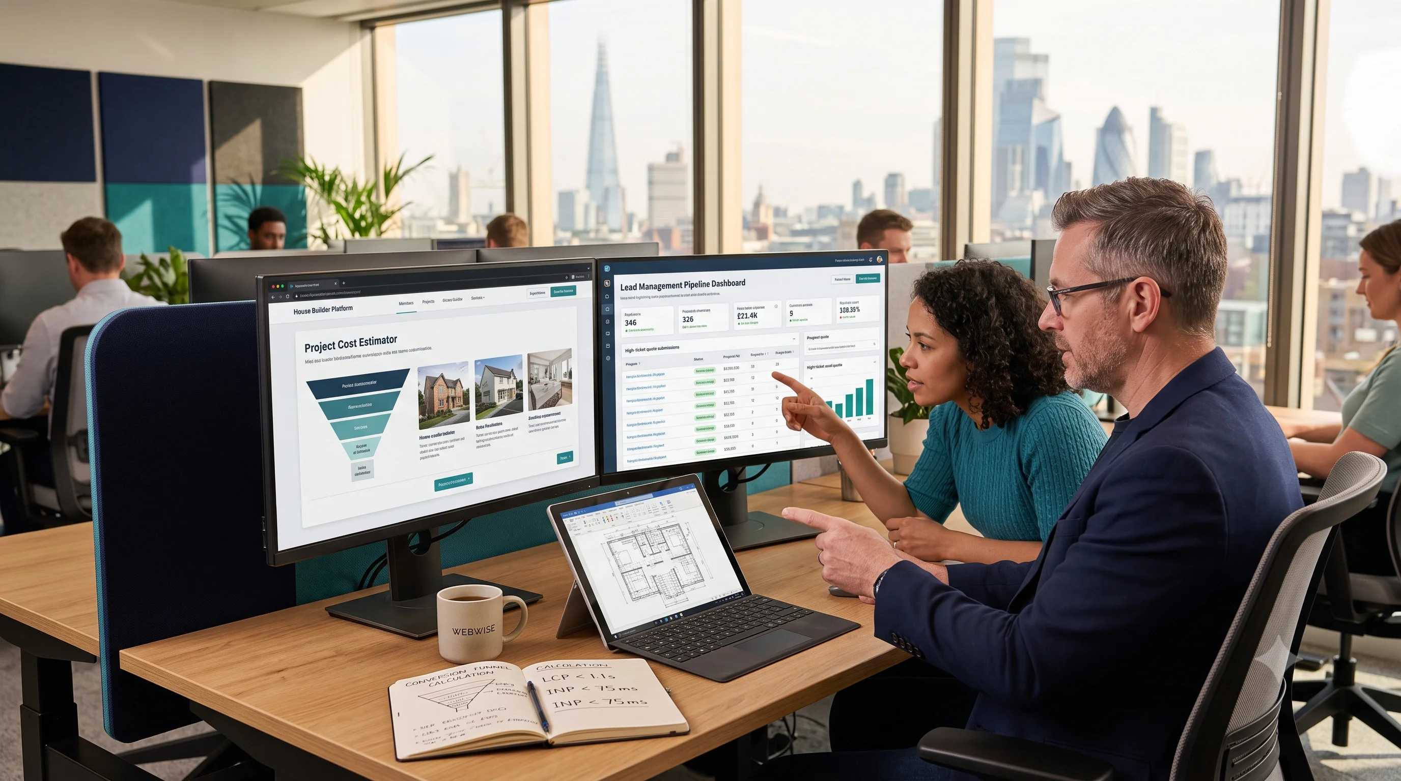 Senior web architect and technical SEO engineer reviewing lead generation web design for builders featuring interactive project intake workflows and live conversion diagnostics.