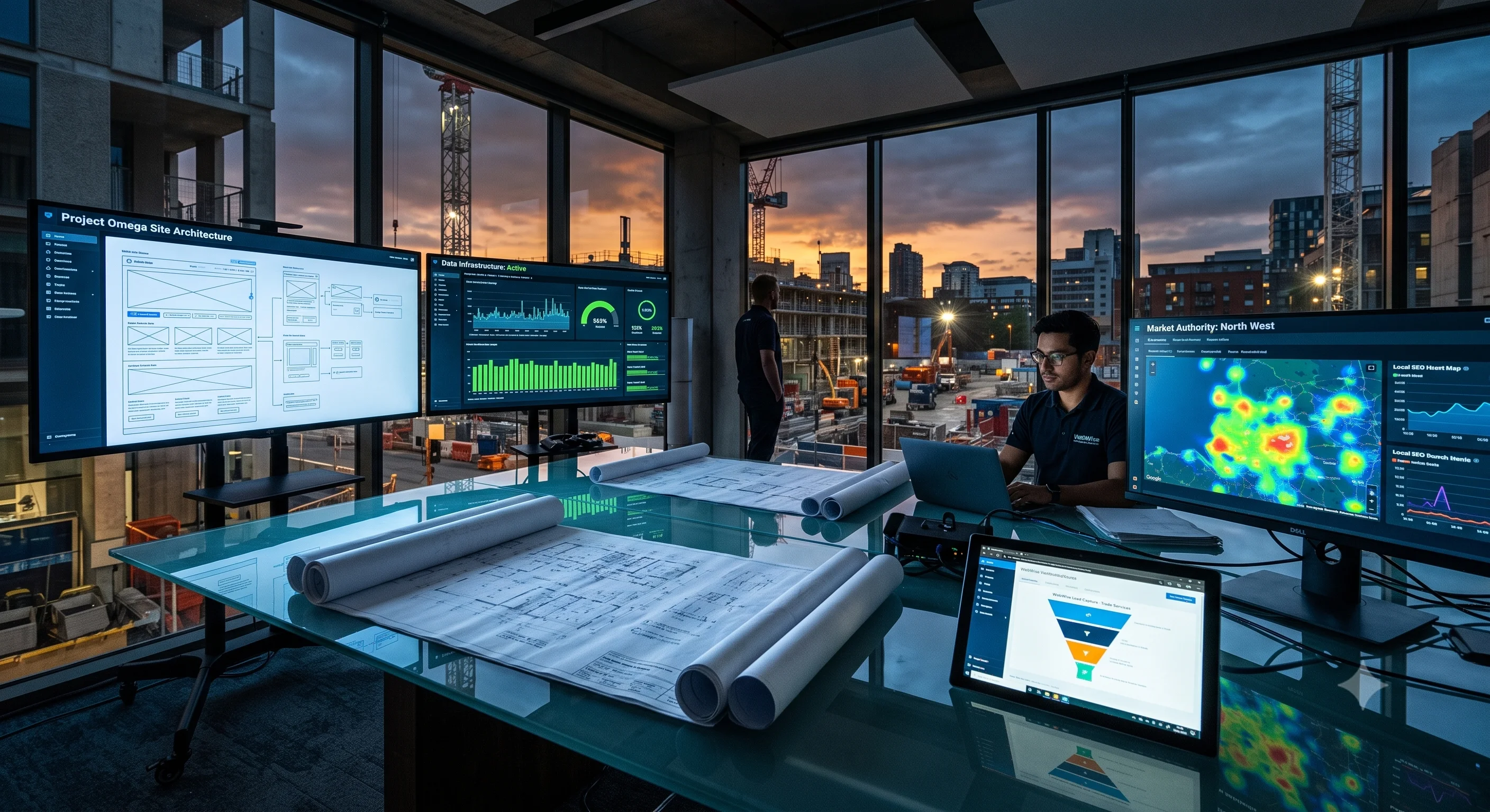 A high-tech office overlooking an active construction site at dusk, featuring a glass desk with unrolled blueprints, a tablet showing a lead funnel, and multiple monitors displaying web wireframes, server performance, and local SEO heatmaps.