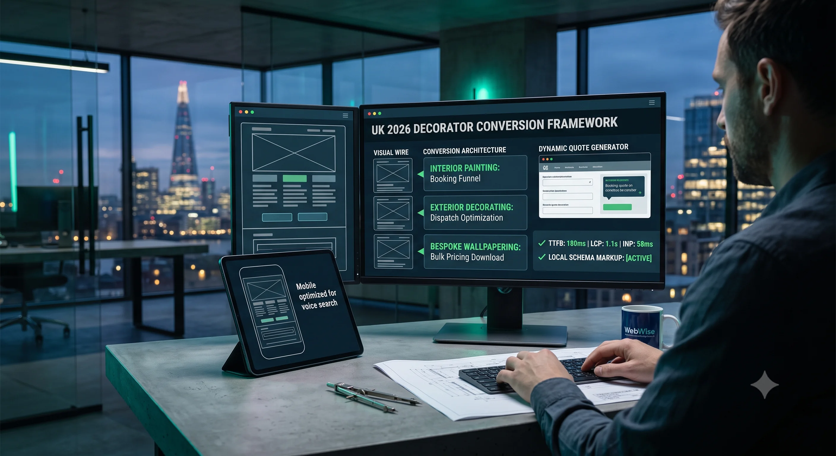 An over-the-shoulder view of a web developer working at a modern concrete desk at twilight, reviewing a dual-monitor setup that displays a custom "UK 2026 Decorator Conversion Framework" platform. The dashboard screen details optimized performance metrics alongside automated booking funnels for interior painting, exterior decorating, and bespoke wallpapering. A tablet displaying a voice-search-optimized mobile layout sits next to a WebWise mug, with the illuminated London skyline and The Shard visible through the background window.
