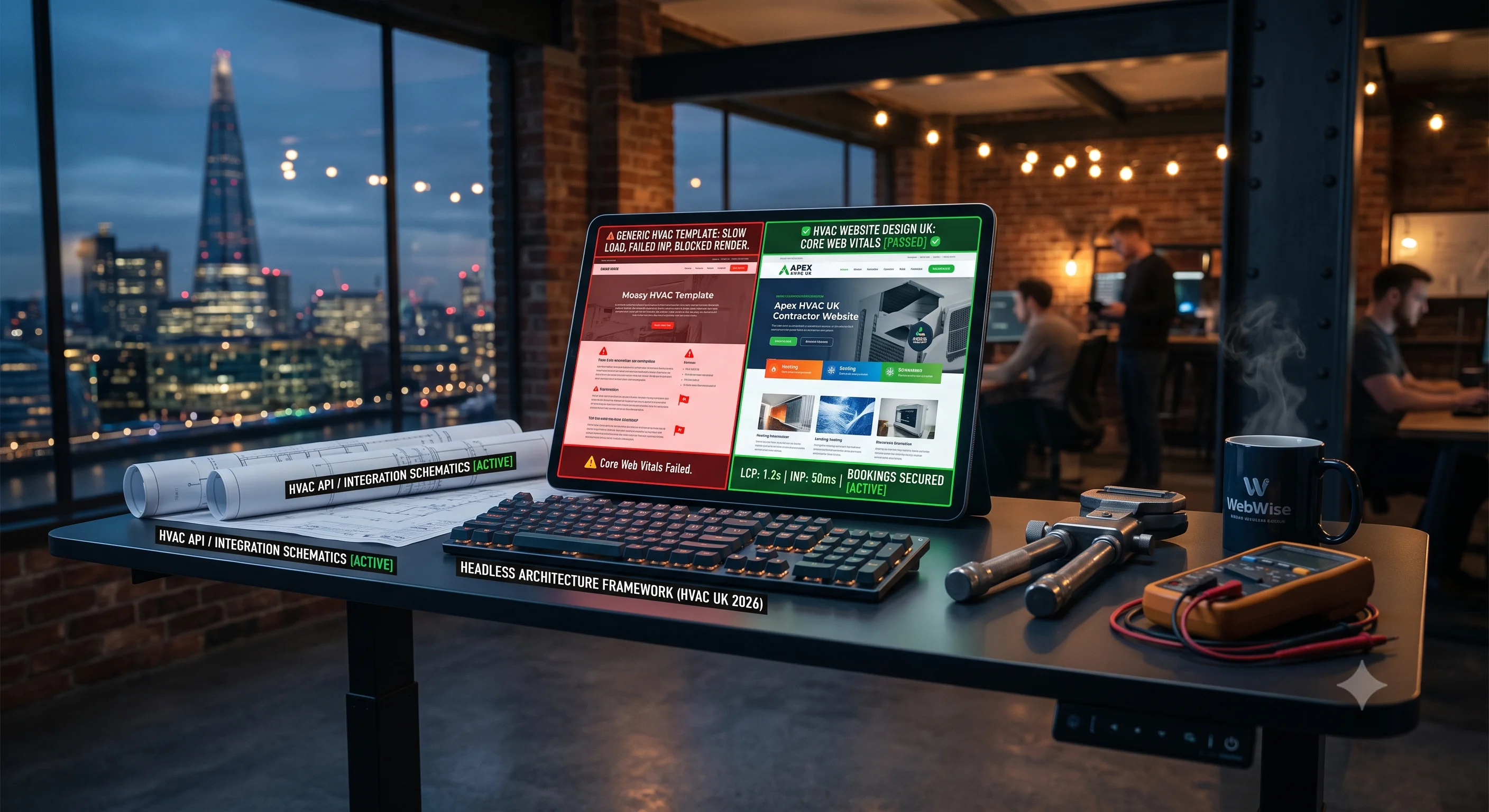 A digital tablet on a dark steel standing desk displaying a split-screen comparison between a slow, failing HVAC website template and a custom-engineered UK HVAC contractor website passing 2026 Core Web Vitals. The workspace includes blueprints, a yellow multimeter, pipe cutters, a mechanical keyboard, and a branded WebWise coffee mug, illuminated by a twilight London skyline in the background.