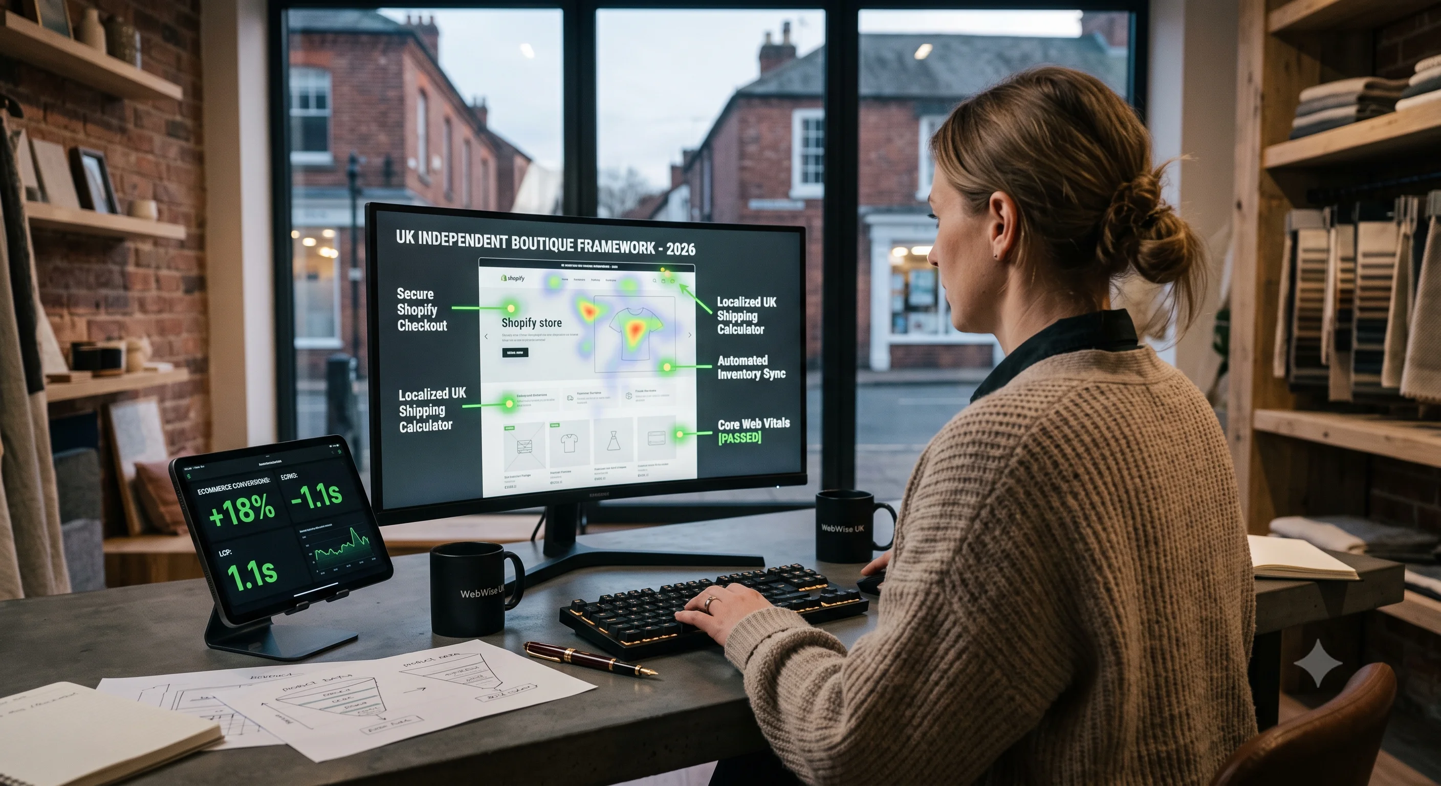 An over-the-shoulder perspective of a small UK boutique owner reviewing a bespoke Shopify website architectural framework and real-time performance analytics on glowing curved monitors in a modern workspace at twilight. The central monitor outlines specific 2026 high-performance infrastructure, including automated inventory sync and passing Core Web Vitals, representing how Shopify is the right choice for UK businesses to scale commercial operations with technical efficiency.