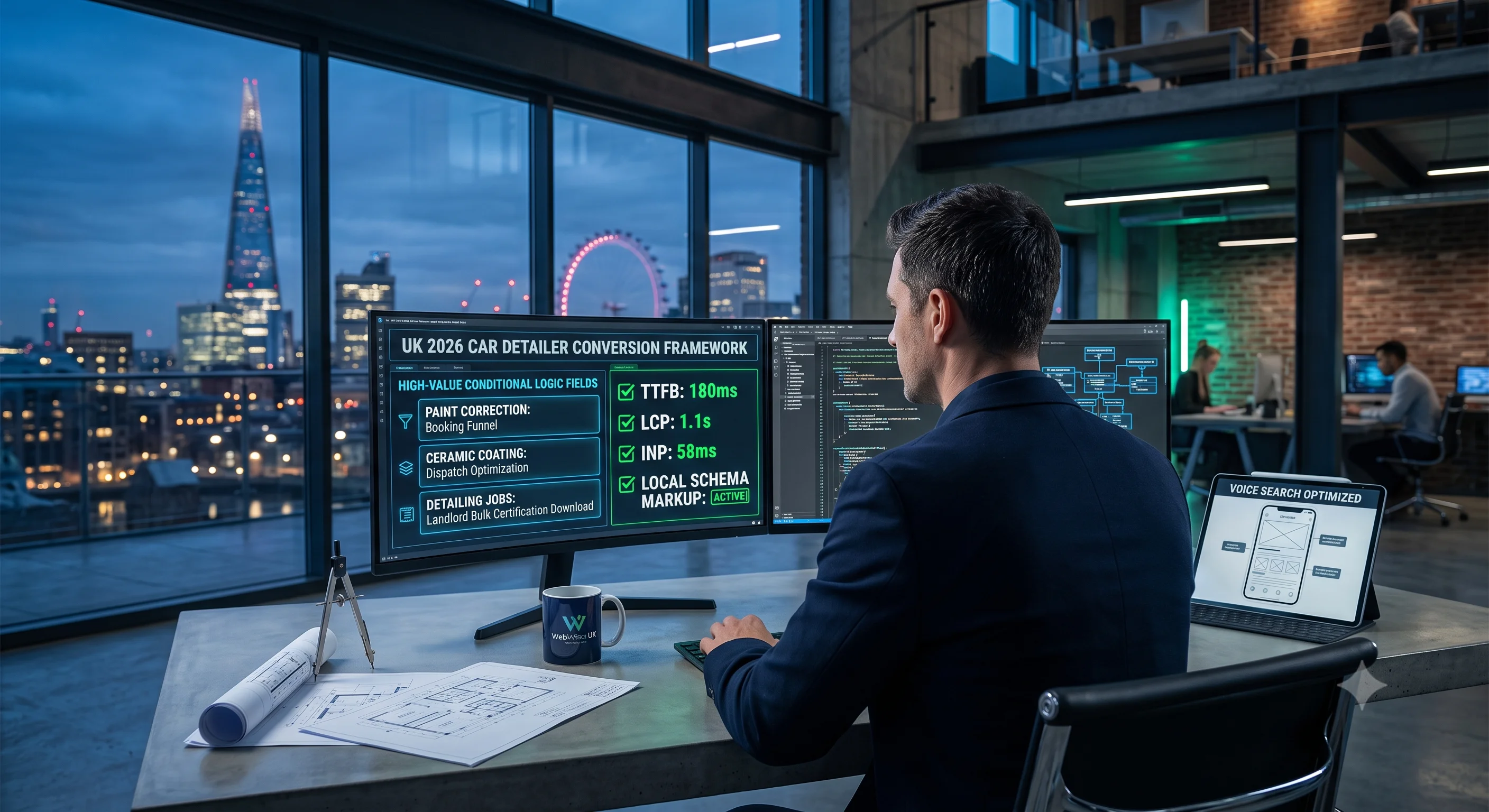 An over-the-shoulder view of a developer in a modern office at twilight, reviewing a multi-monitor setup displaying a custom "UK 2026 Car Detailer Conversion Framework." The dashboard shows passing Core Web Vitals alongside automated booking funnels for paint correction and ceramic coating, with a voice-search-optimized mobile wireframe on a tablet and the illuminated London skyline visible through the window in the background.