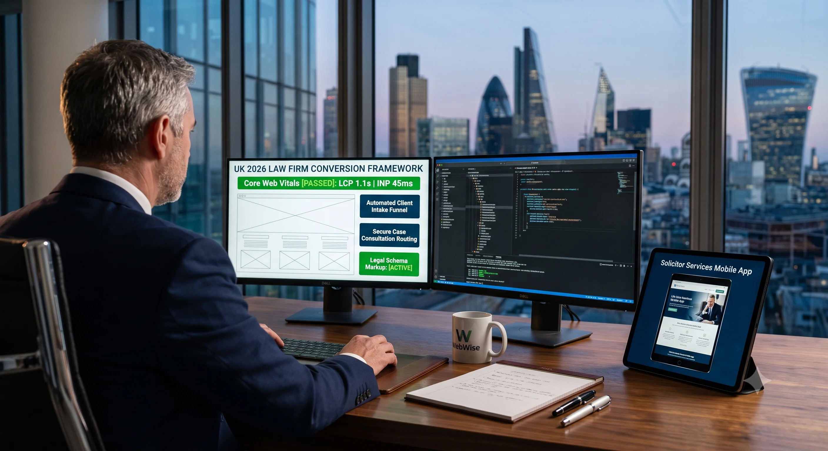 An over-the-shoulder view of a senior professional working at a sophisticated walnut desk in a modern London high-rise office at twilight. Dual monitors display a conceptual 'UK 2026 LAW FIRM CONVERSION FRAMEWORK' wireframe, including passed Core Web Vitals metrics, an automated client intake funnel, secure consultation routing, and active legal schema markup, alongside backend code. On the desk are a mechanical keyboard, papers with notes, two luxury fountain pens, a 'W' branded coffee mug, and a tablet showing a mobile app wireframe for a UK solicitor's practice, with the blurred London skyline visible through floor-to-ceiling windows.
