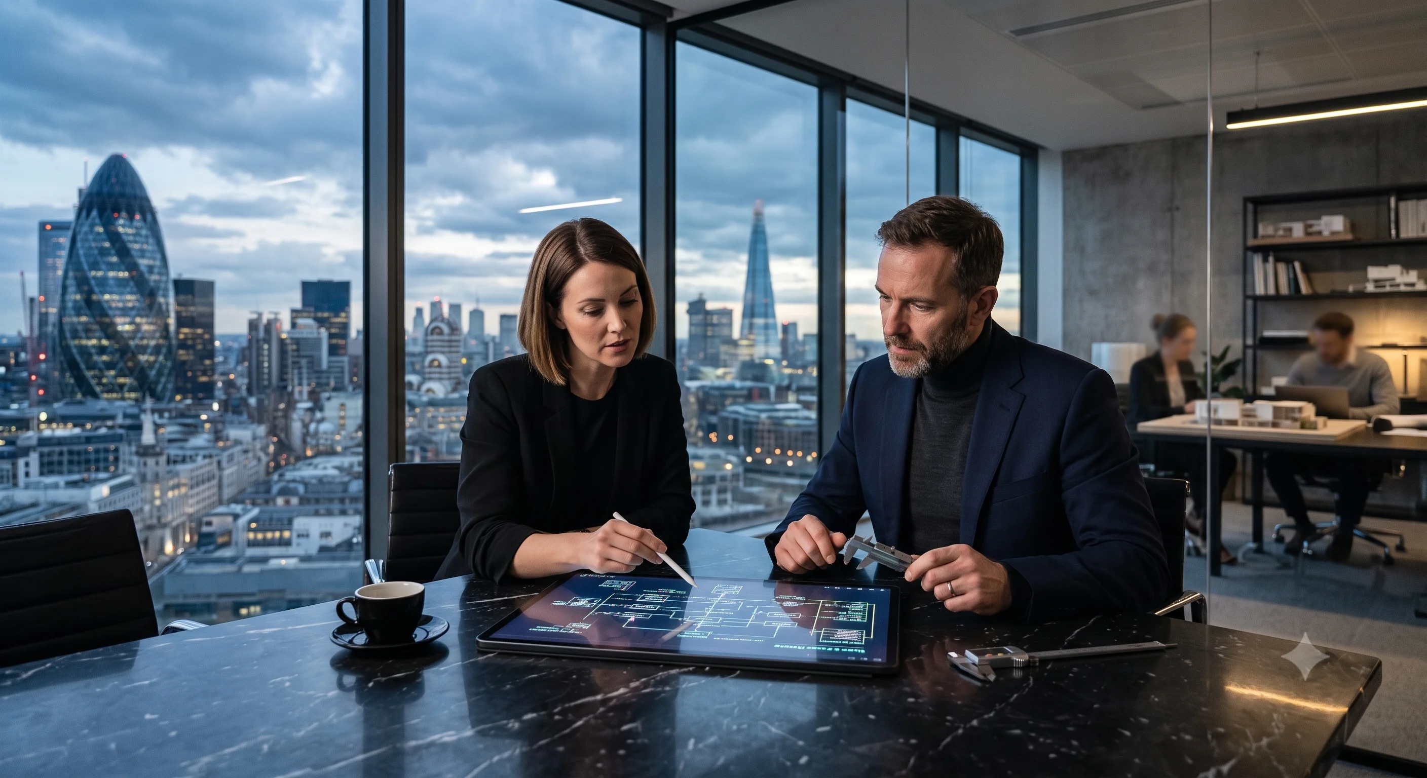 Two professionals in a premium London office reviewing a website architecture blueprint on a digital tablet at a dark marble table, with the London skyline and The Gherkin visible through large windows in the background.