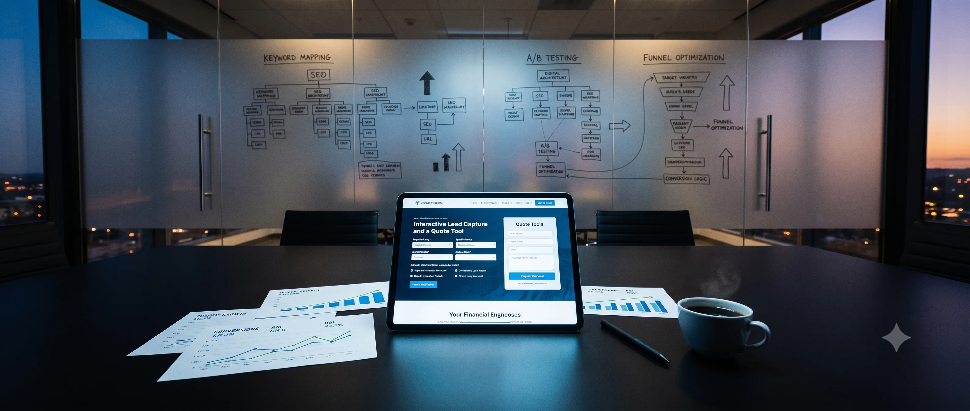 A glowing digital tablet displaying a conversion-focused website interface, resting on a dark conference table alongside printed analytics reports and a stylus, with website architecture diagrams drawn on a glass wall in the background.