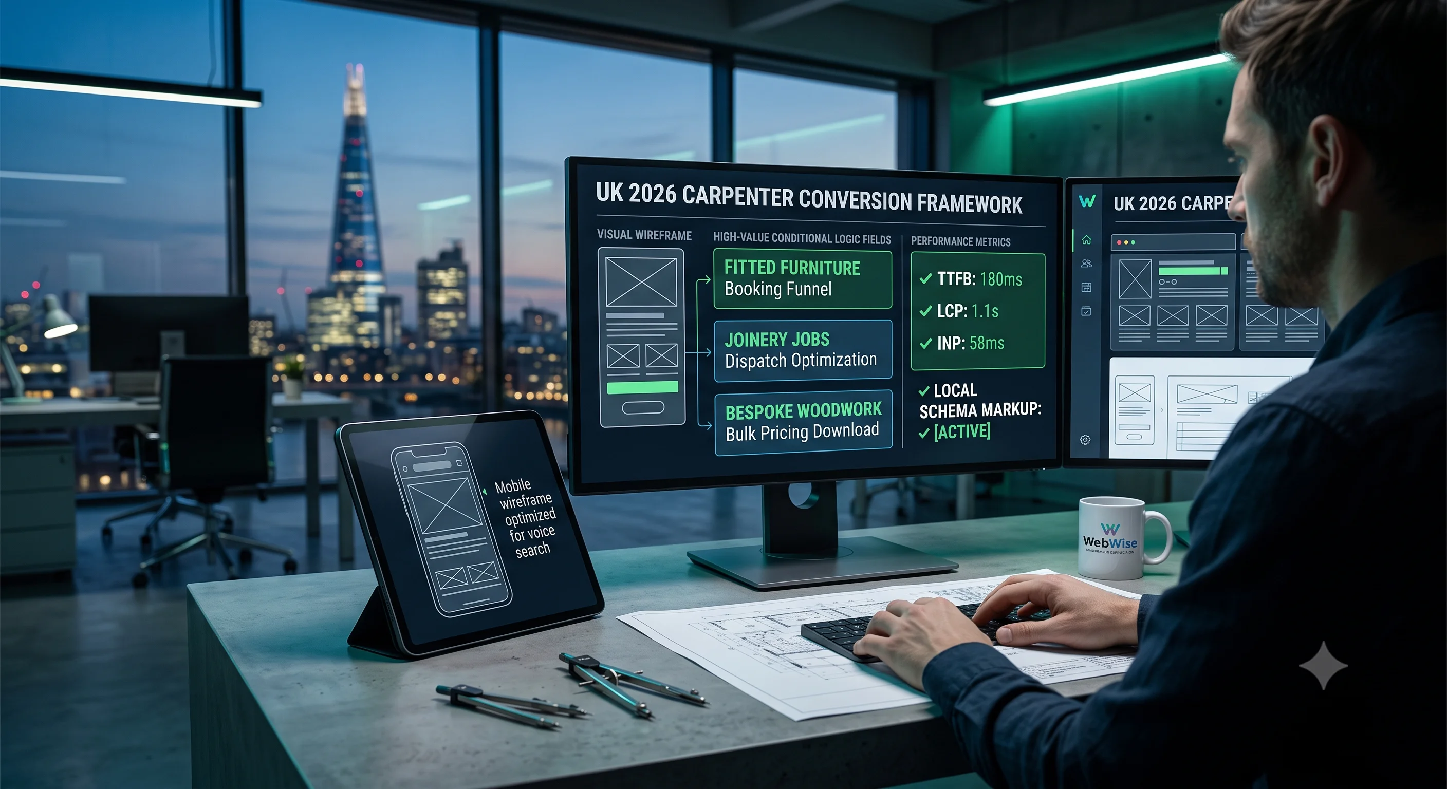 An over-the-shoulder view of a web developer working at a modern concrete desk at twilight, reviewing a dual-monitor setup that displays a custom "UK 2026 Carpenter Conversion Framework" platform. The dashboard screen details optimized performance metrics alongside automated booking funnels for fitted furniture, joinery jobs, and bespoke woodwork. A tablet displaying a voice-search-optimized mobile layout sits next to a WebWise mug, with the illuminated London skyline and The Shard visible through the background window.