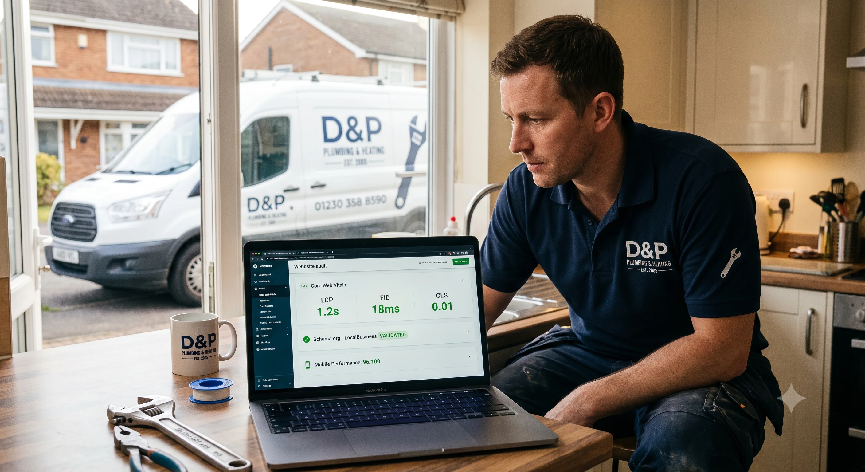 British tradesman reviewing a technical SEO audit dashboard on a laptop showing Core Web Vitals scores and schema validation