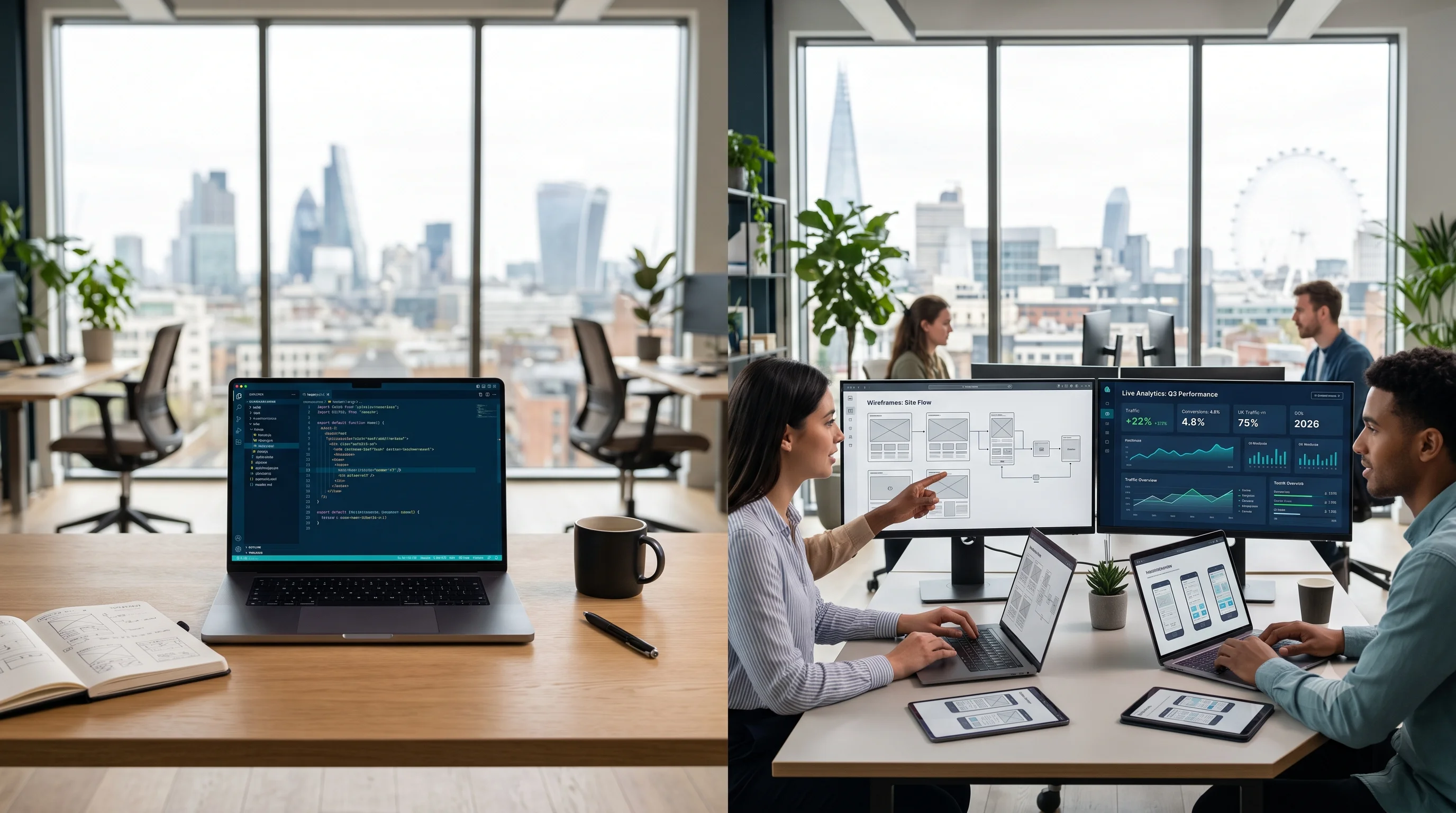 Side-by-side workplace comparison showing a independent freelance web developer working on code and an agency technical team analyzing website performance in a modern studio.