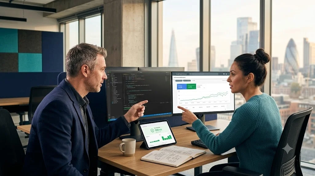 Senior web architect and technical SEO engineer in a London studio reviewing Next.js code architecture and Google Search Console performance metrics on dual monitors.