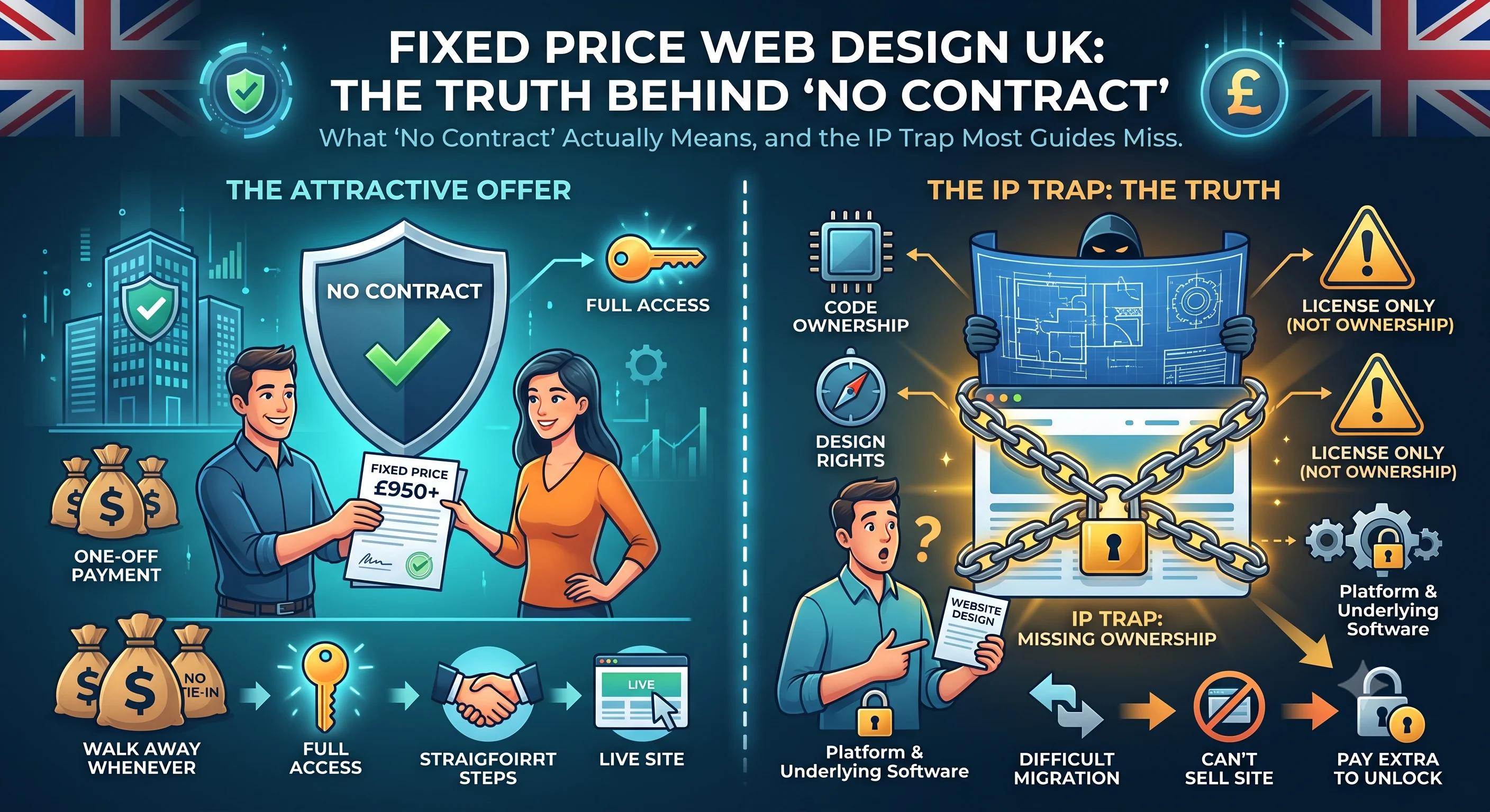 A clean, professional vector infographic split vertically, comparing "The Attractive Offer" of Fixed Price, No Contract Web Design in the UK with "The IP Trap: The Truth." Across the top, the title reads "FIXED PRICE WEB DESIGN UK: THE TRUTH BEHIND 'NO CONTRACT'." The left side, titled "THE ATTRACTIVE OFFER," shows glowing icons for "NO TIE-IN," "ONE-OFF PAYMENT," and "FULL ACCESS" to a stylized digital building, with a shield protecting the small business owner. The right side, titled "THE IP TRAP: THE TRUTH," features a massive, glowing gold chain labeled "IP TRAP: MISSING OWNERSHIP" wrapped around a website design. Surprised business owners discover that "CODE OWNERSHIP," "DESIGN RIGHTS," and "SOURCE FILES" are often hidden under a "LICENSE ONLY (NOT OWNERSHIP)" warning, with gears for the platform locked by a hidden figure. The abstract background uses professional blues and contrasting orange and gold data patterns, conveying digital marketing and optimization insights.