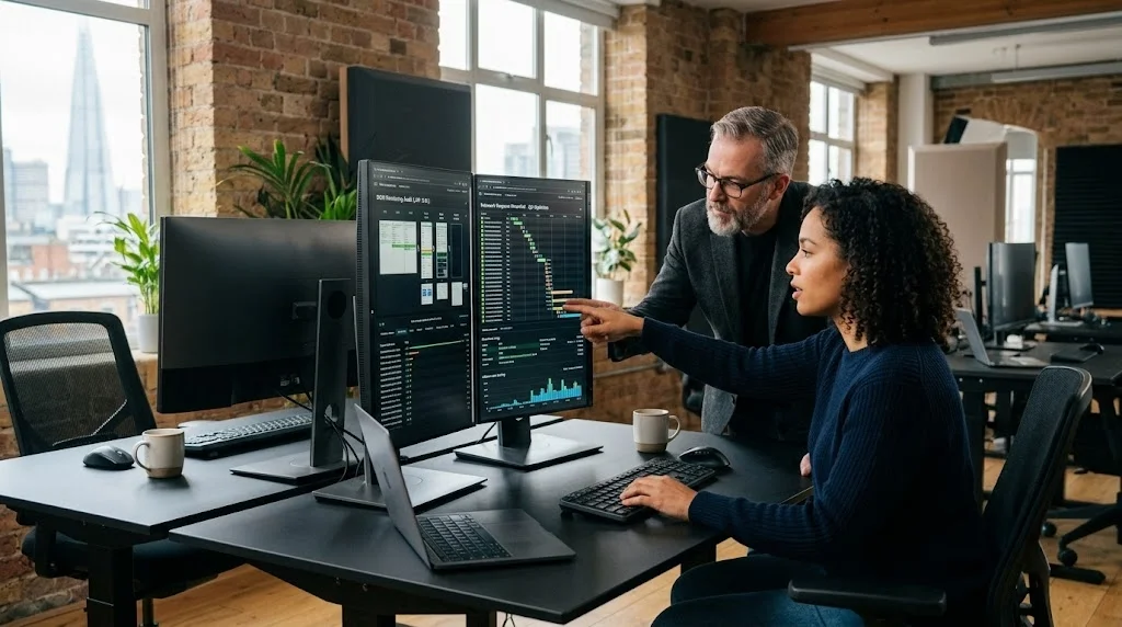 Senior technical SEO architect auditing website rendering pipelines and DOM structures on dual monitors in a London studio.