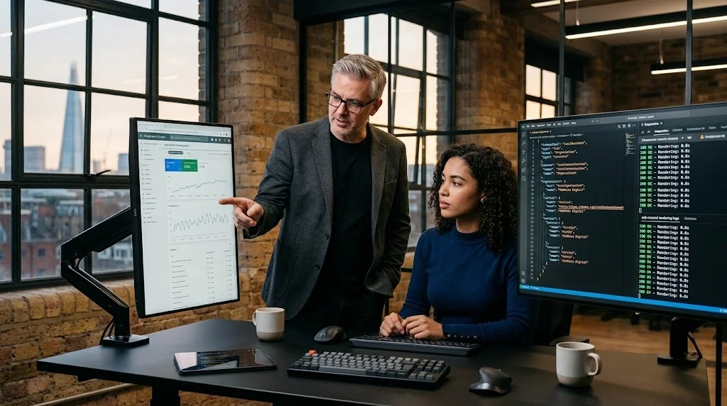 Senior technical SEO architect and software engineer analyzing search indexing graphs and structured data schema in a modern London tech studio.
