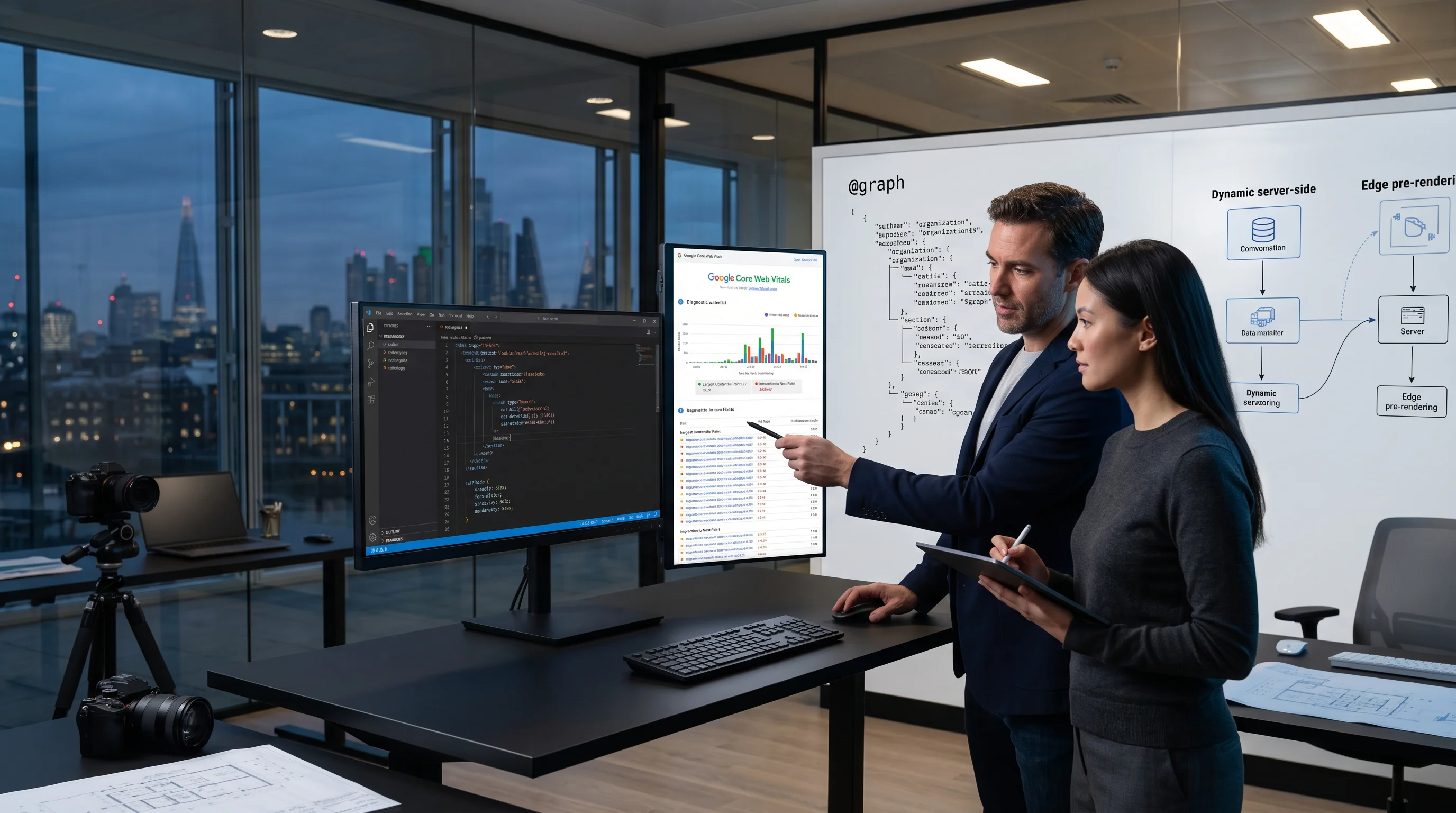Senior full-stack engineer and UI/UX architect diagnosing Core Web Vitals and JSON-LD structured data architecture in a modern London studio.
