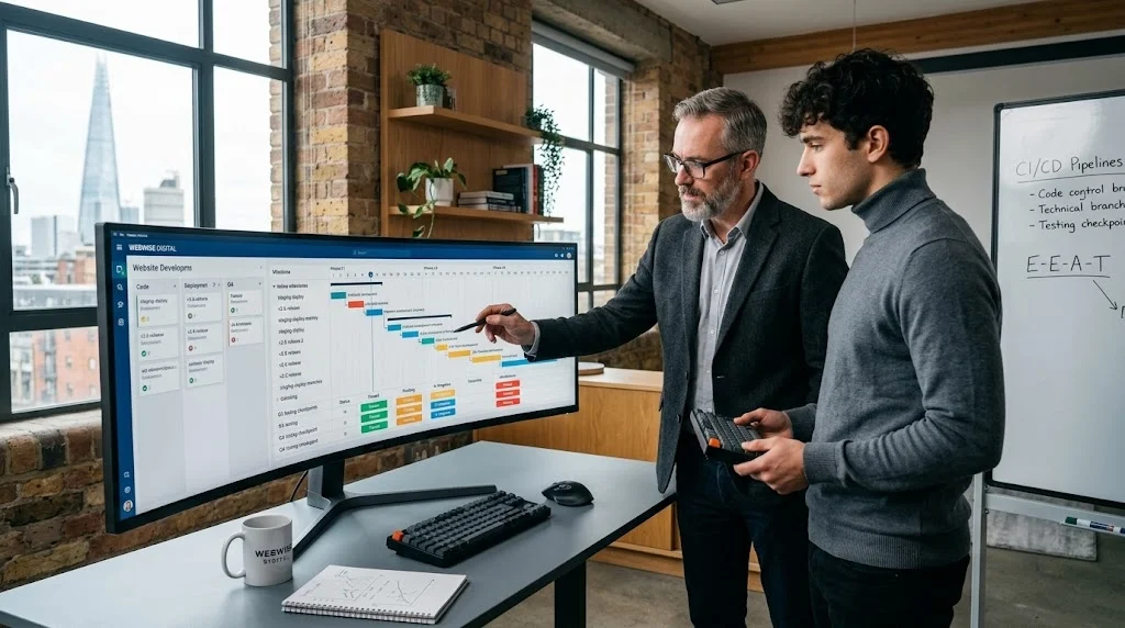 Technical project manager and developer analyzing website development sprint timelines and deployment milestones in a London studio.