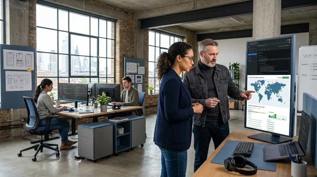 Senior DevOps engineer and UI/UX architect analyzing post-launch deployment pipelines and indexing analytics in a London studio.