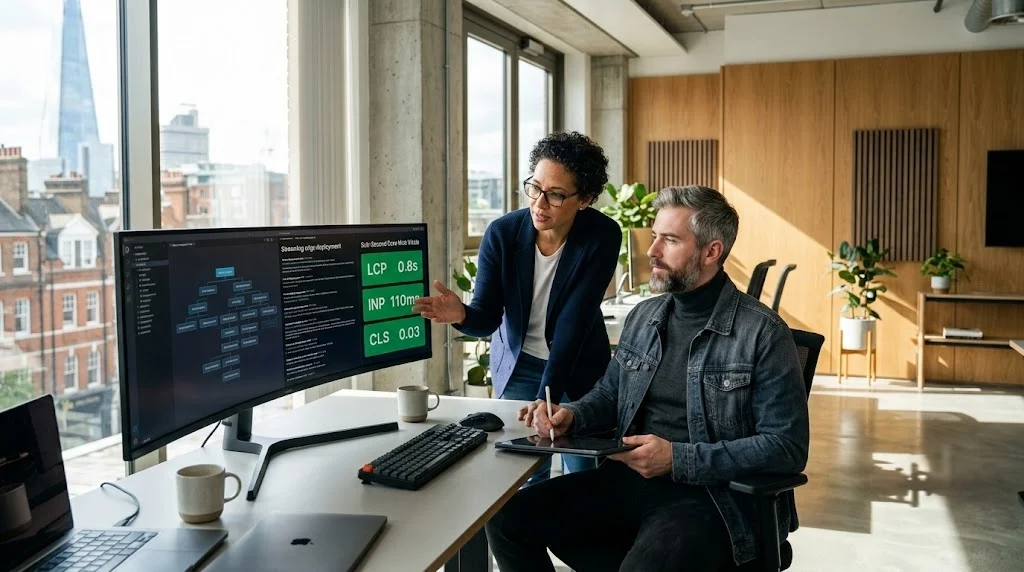 Senior full-stack engineer and UI/UX architect analyzing modular code repositories and edge deployment logs in a London studio.