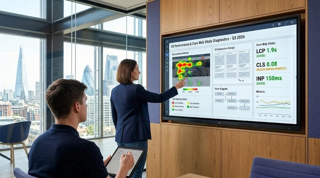 Female lead UI architect demonstrating eye-tracking heatmaps and interaction design metrics on a digital display in a London tech studio.