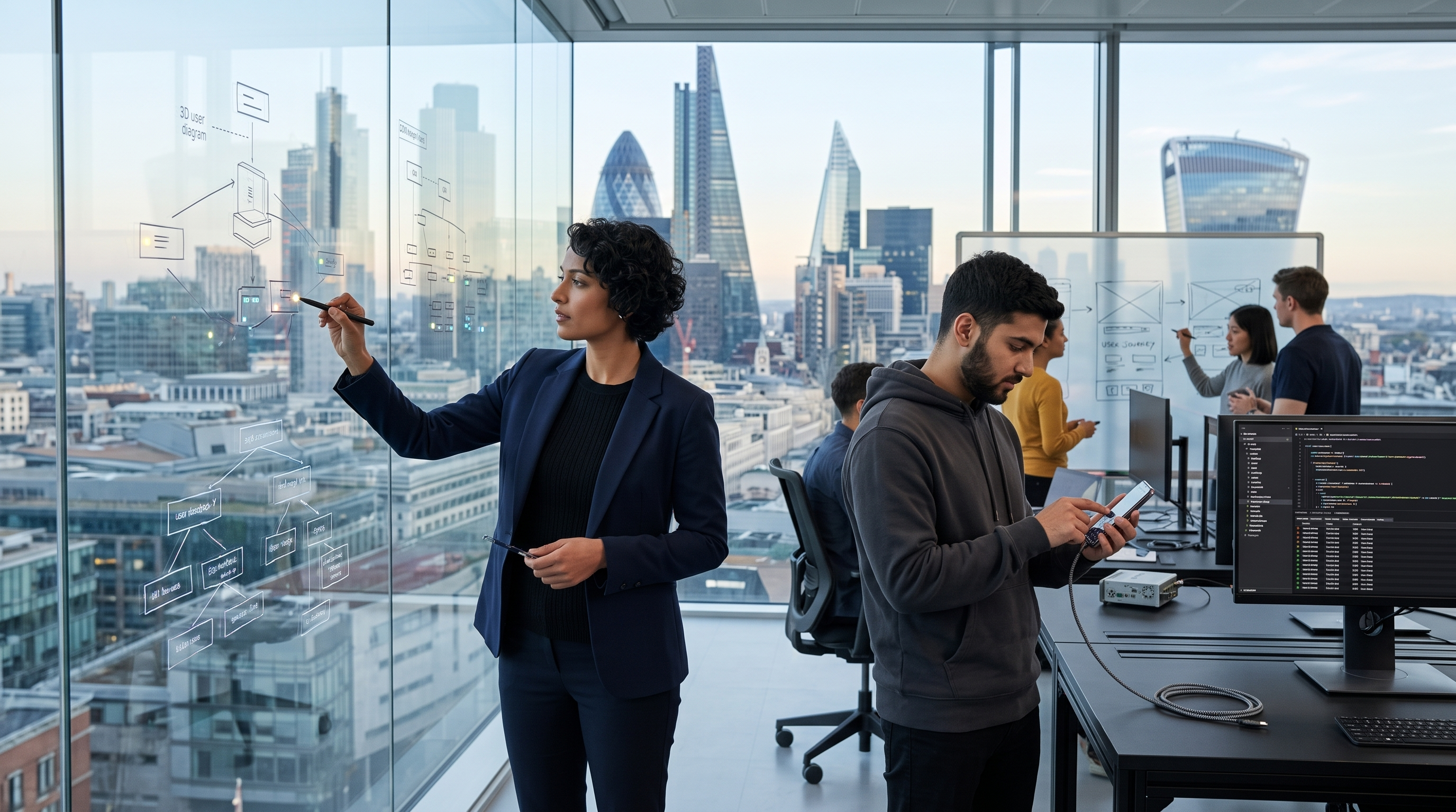 Female lead developer and engineering team mapping UX/UI user flows and DOM rendering trees during a collaborative session in a modern London tech lab.