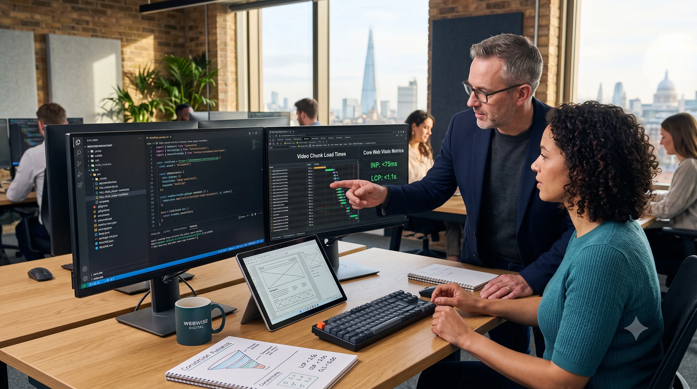 Senior tech architects in a London studio reviewing HLS video streaming code and Core Web Vitals performance diagnostics on dual monitors.