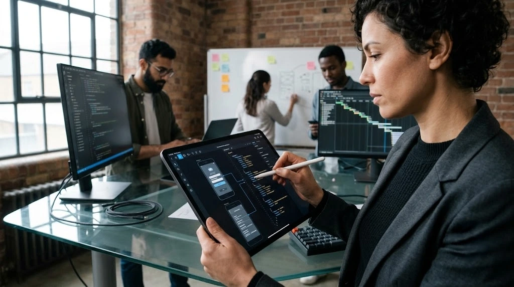 Female lead UI/UX architect and engineering team analyzing mobile interface wireframes and schema structures on a digital tablet in a modern industrial loft studio.