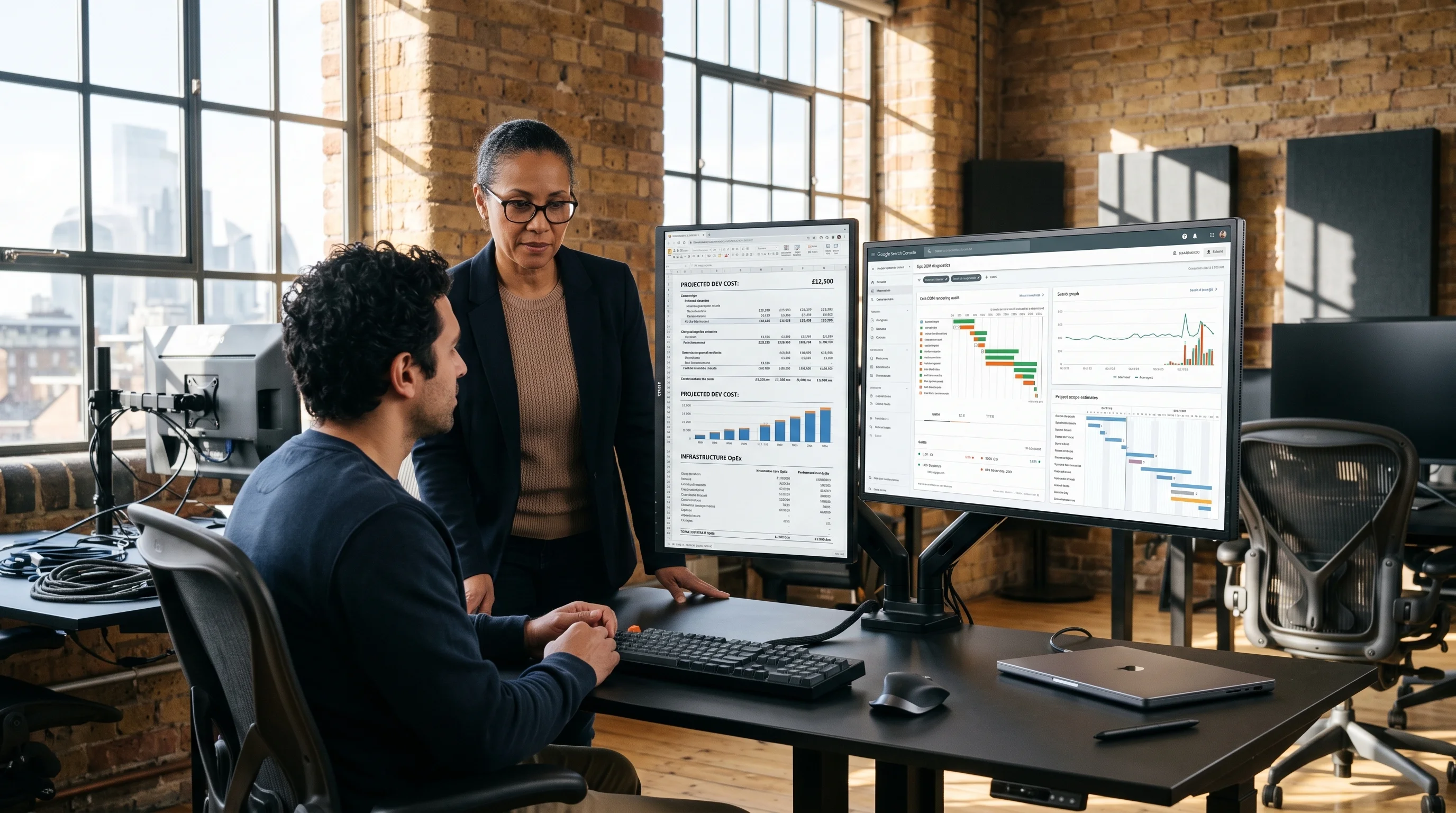 Senior technical SEO architect and software engineer analyzing website cost projection models and DOM rendering audits on dual monitors in a London tech studio.