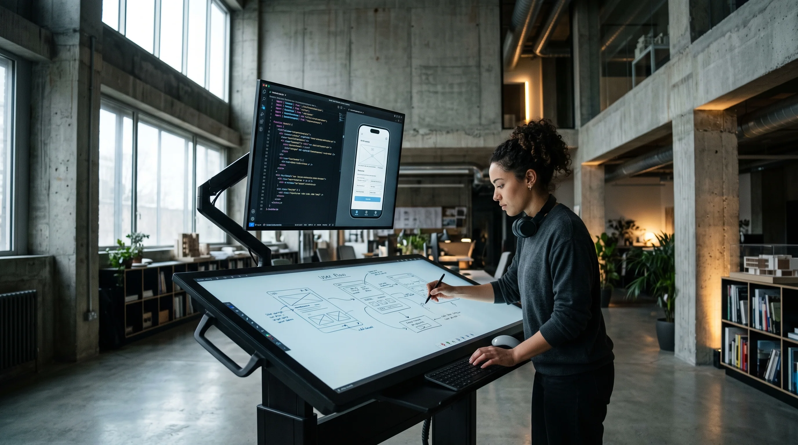 Female UX engineer utilizing an interactive horizontal drafting table to simultaneously wireframe interfaces and compile Next.js component code in a brutalist London studio.