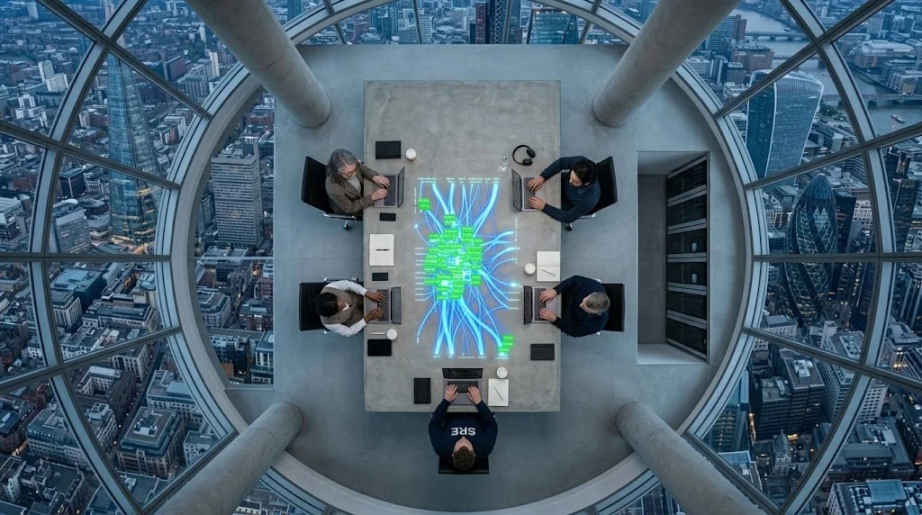 Senior data architects and UI engineers analyzing dynamic server log visualizations and user behavioral pathways on an interactive conference table in a modern London technology headquarters.