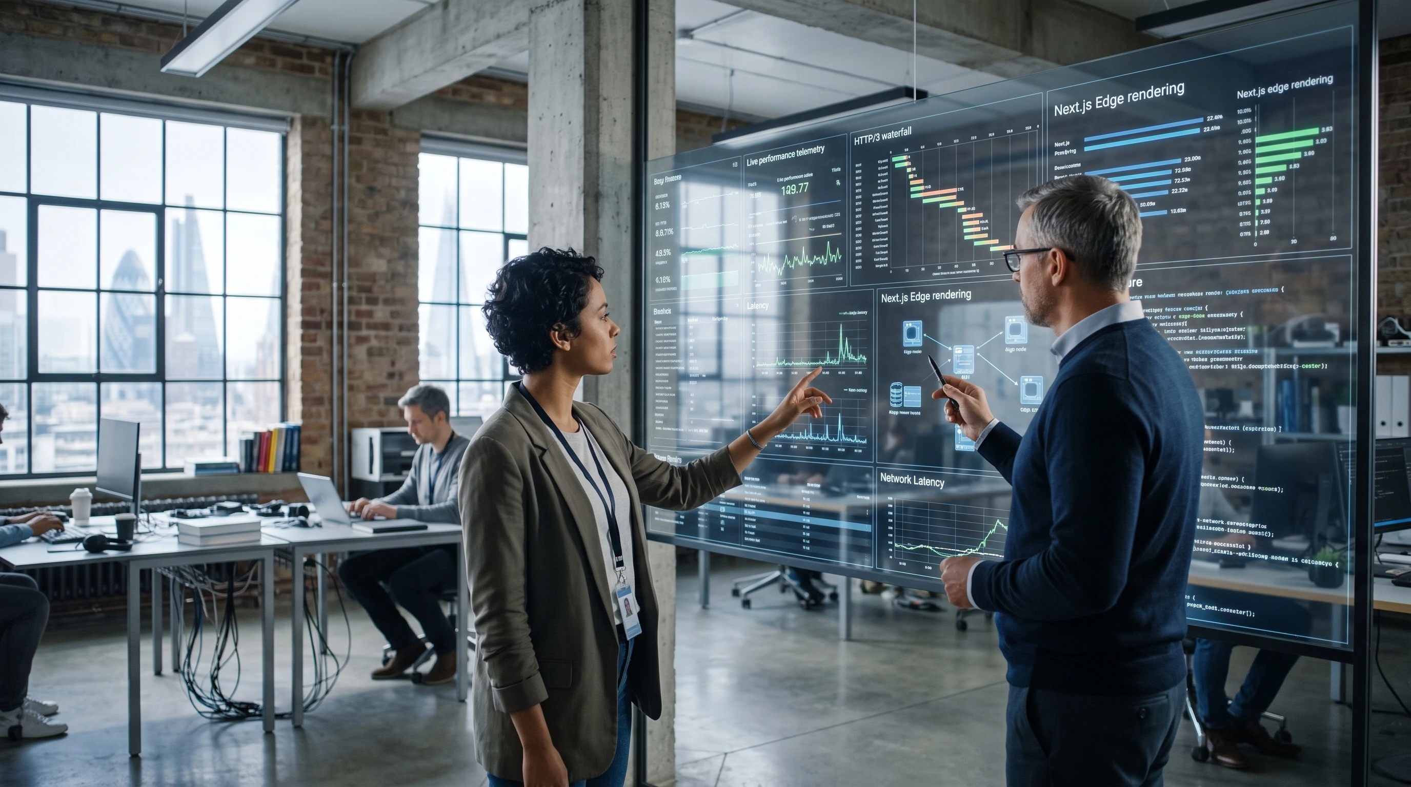 Female lead developer and systems architect evaluating live code telemetry and edge rendering benchmarks on a wall-mounted glass display in a London software lab.